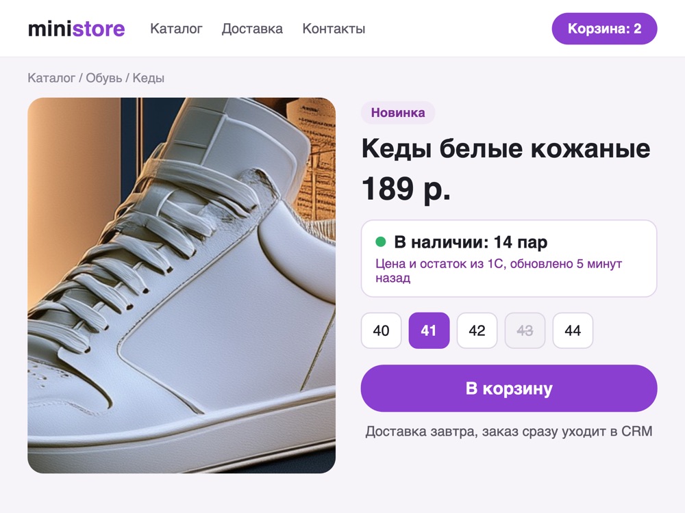 Карточка товара интернет-магазина с ценой и остатком из 1С, демо-данные
